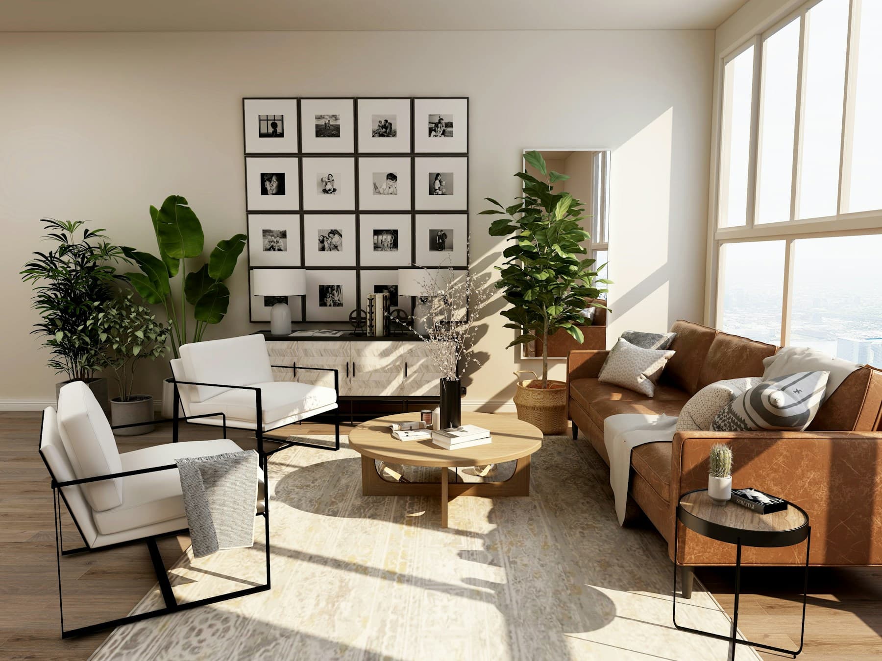 A sunlit living room with an inviting sofa and bright, airy interior